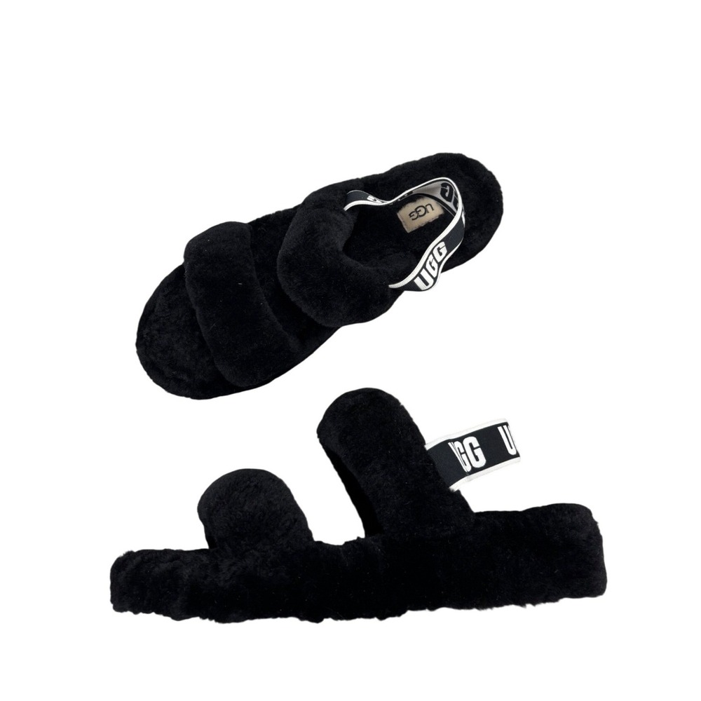 UGG Oh Yeah Slides Black Sheepskin Platform Slingback Sandals Fluff Women's 11